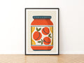 Vintage Food Poster Print, Peach Jam Jar, Rustic Kitchen Decor, Retro Mid Century Risograph Art