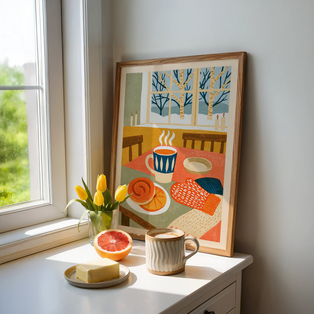 Vintage Food Poster Print, Rustic Kitchen Decor, Retro Mid Century Risograph Winter Scene