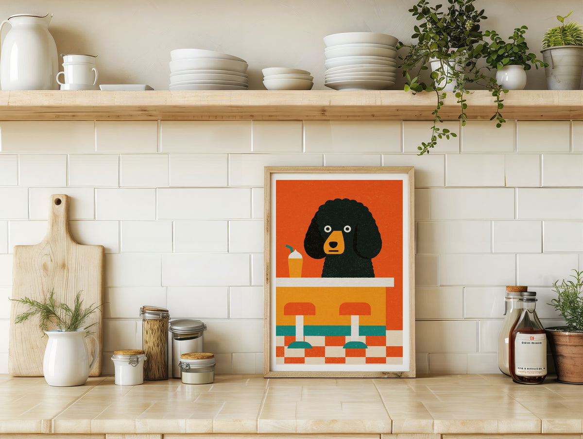 Vintage Food Poster Print, Retro Mid Century Poodle Diner Dog Art, Rustic Kitchen Decor Gift