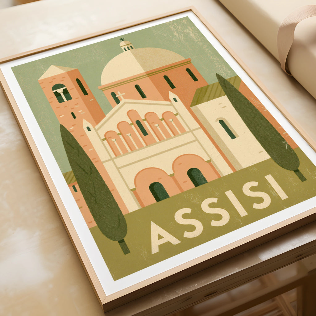 Assisi Italy Vintage Travel Poster, Retro Italian Church Print, Umbria Wall Art