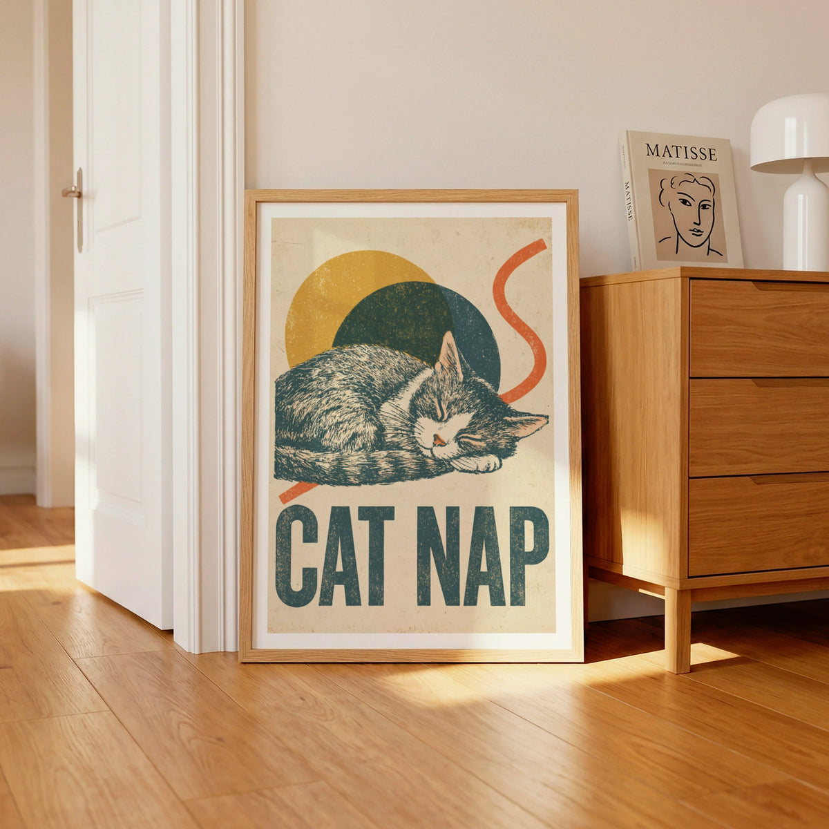 Cat Nap Retro Print, Sleeping Cat Wall Art, Vintage Folk Style Cat Lover Gift