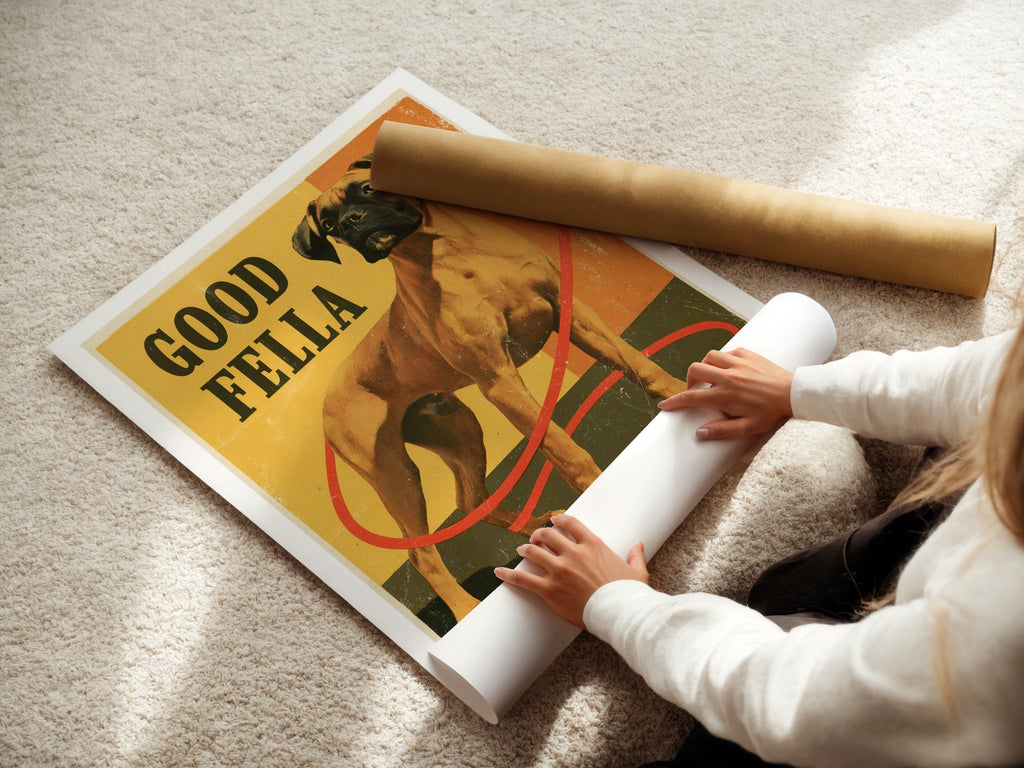 Retro Boxer Dog Poster, Good Fella Vintage Dog Print, Folk Wall Art, Dog Lover Gift