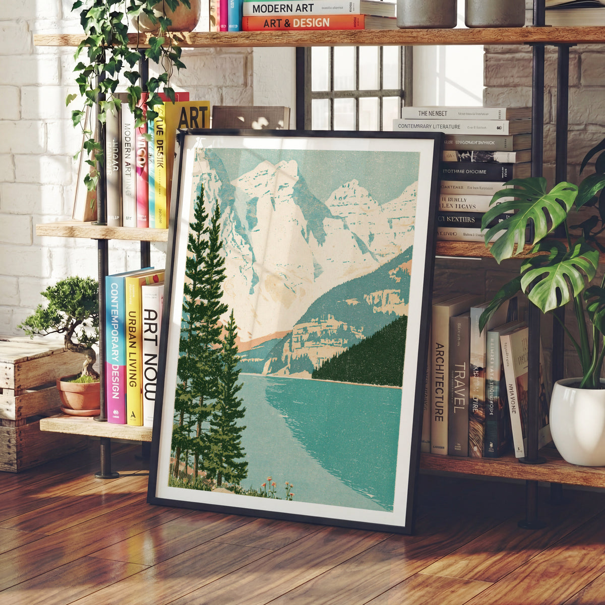 Retro Mountain Lake Wall Art, Vintage Travel Poster, Alpine Landscape Print, Pine Trees, Turquoise