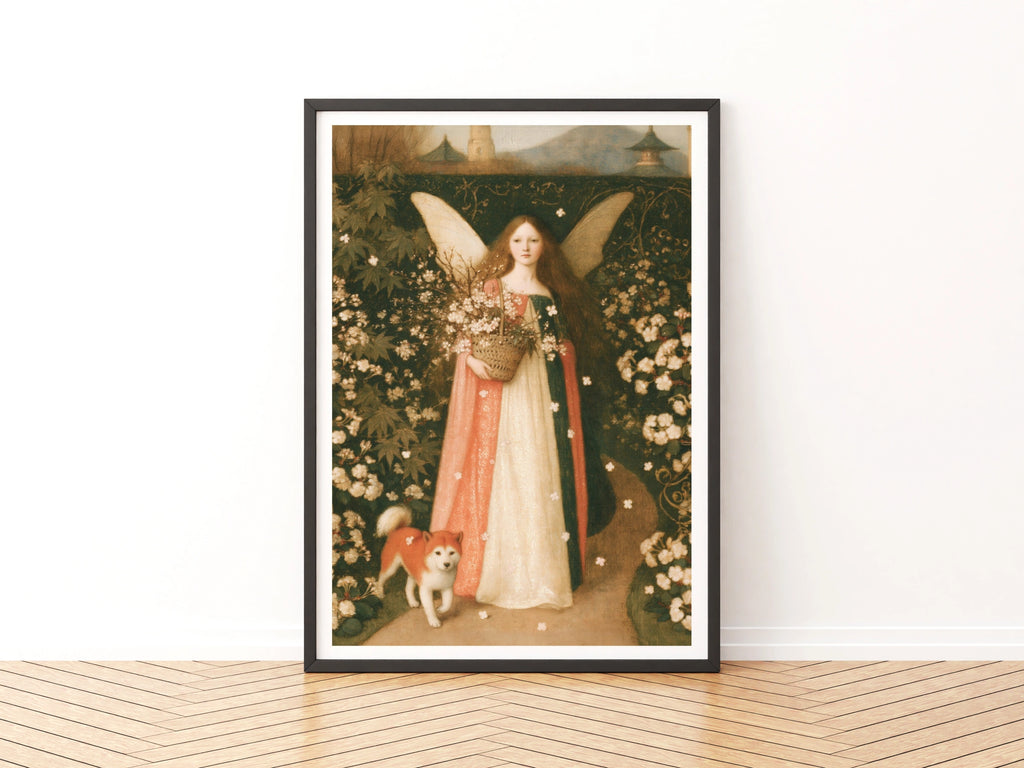 Fairy Girl with Shiba Inu Art Print, Cherry Blossom Angel Poster, Classic Inspired Floral Wall Art