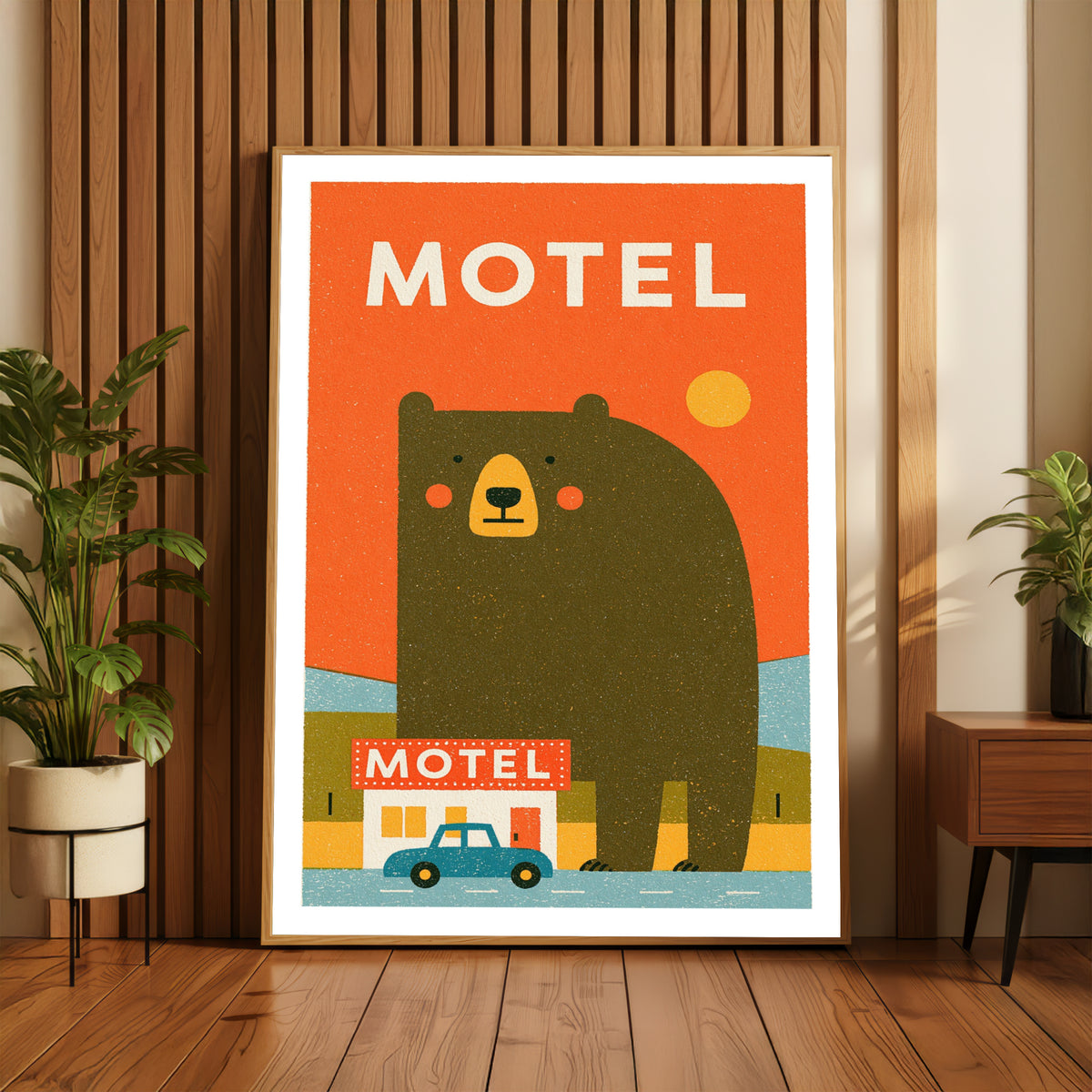 Retro Bear Motel Poster, Vintage Road Trip Wall Art, Funny Bear Print, Orange Quirky