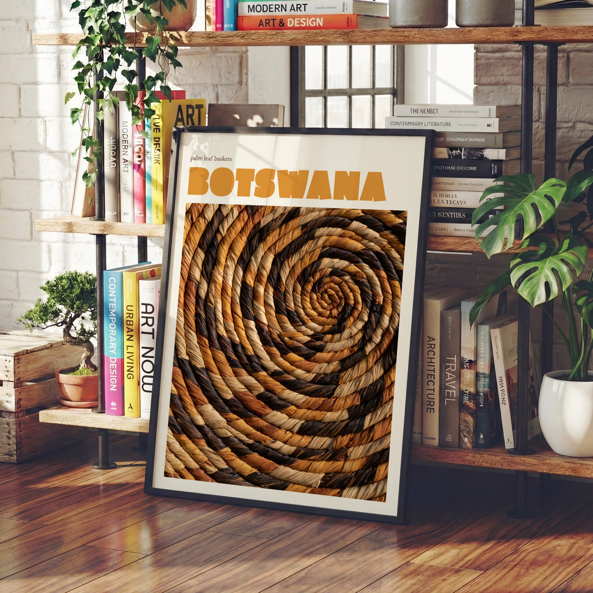 Botswana Travel Print, contemporary Africa Wall Art, Palm Leaf Basket, Earth Tones