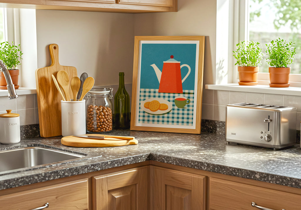 Vintage Food Poster Print, Tea and Biscuits, Rustic Kitchen Decor, Retro Mid Century Risograph Art