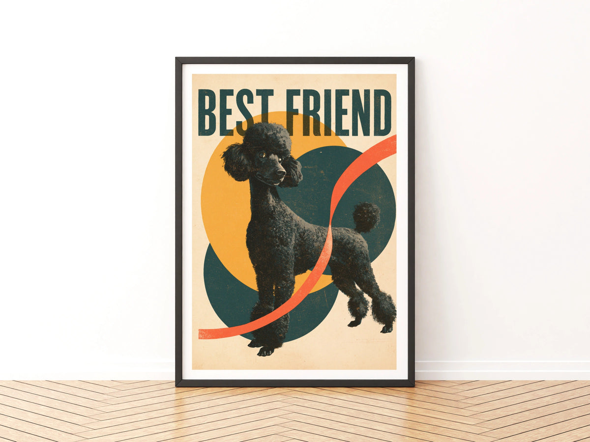 Black Poodle Retro Dog Print, Best Friend Vintage Style Poster, Teal Gold Wall Art