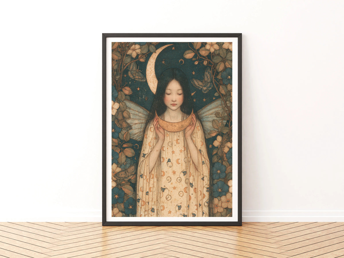 Moon Fairy Art Print, Celestial Fairy Girl Poster, Vintage Folk Wall Art, Floral Botanical