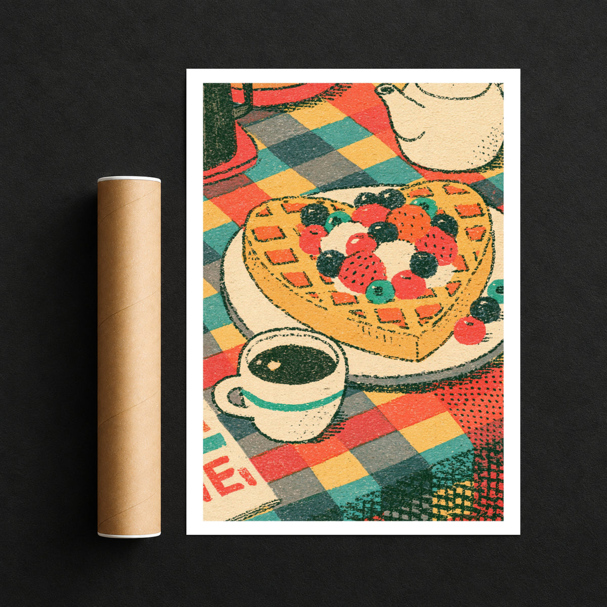 Vintage Food Poster Print, Waffle & Coffee Art, Rustic Kitchen Decor, Retro Mid Century Risograph