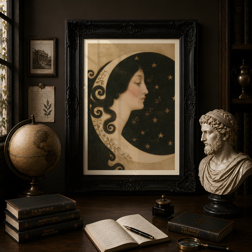 Vintage Art Nouveau Moon Goddess Print, Crescent Moon and Stars, Celestial Woman Portrait Poster