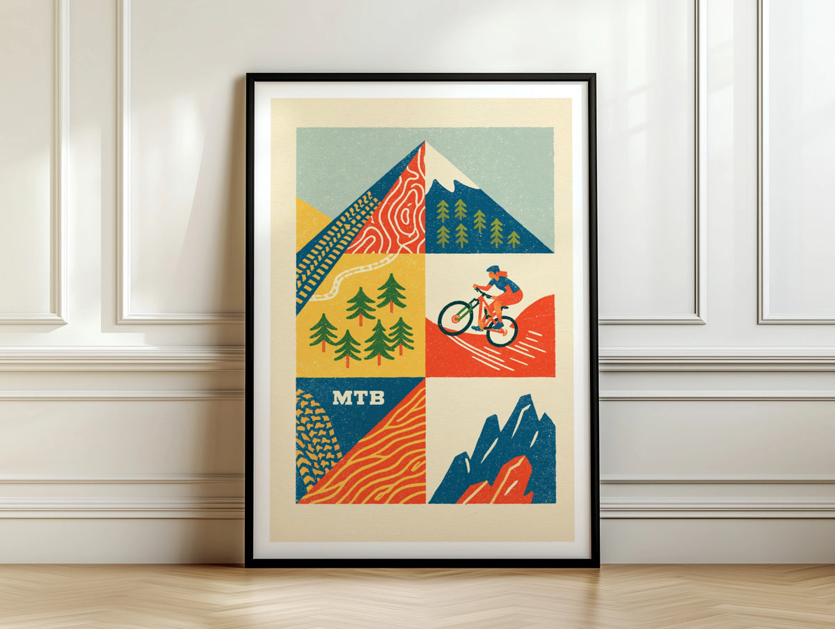 MTB Mountain Bike Retro Poster, Cycling Wall Art Print, Trail Riding Gift for Cyclists