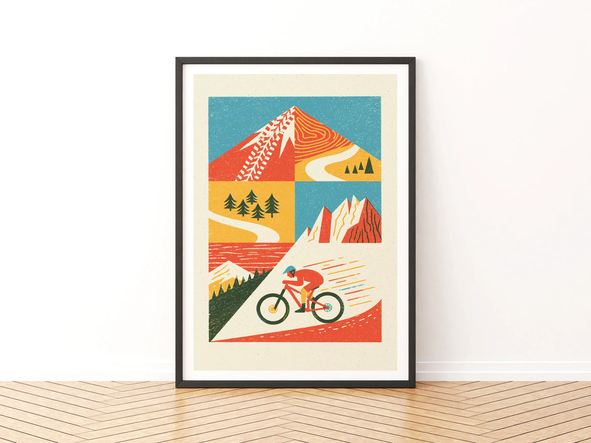 Mountain Bike Retro Poster, Cycling Wall Art Print, MTB Gift, Outdoor Adventure Decor