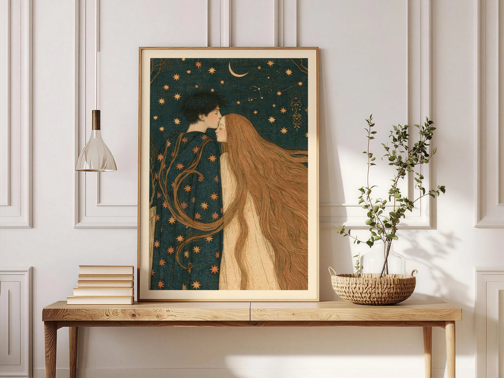 Celestial Lovers Wall Art, Starry Night Couple Poster, Crescent Moon Romantic Vintage Print, Bedroom