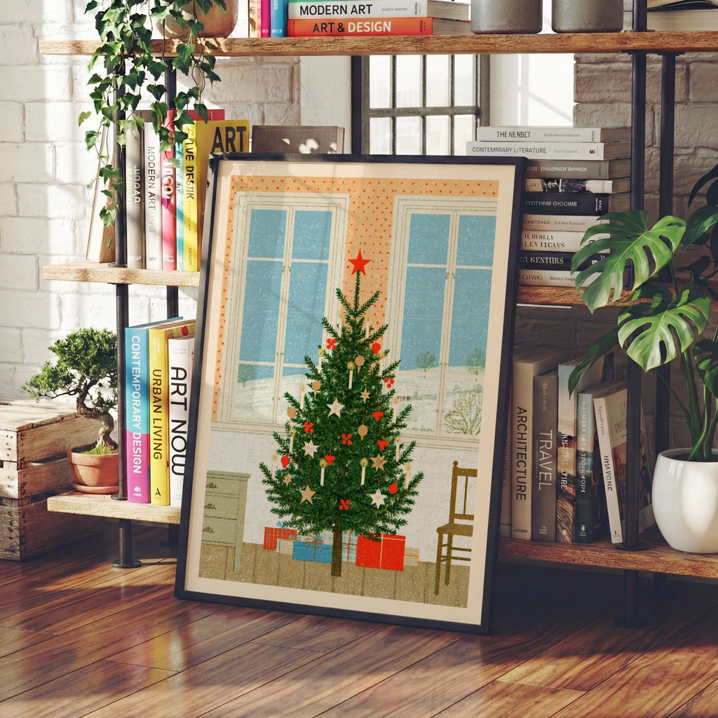 Retro Christmas Tree Poster, Vintage Festive Wall Art, Scandi Holiday Print, Cosy Xmas Decor