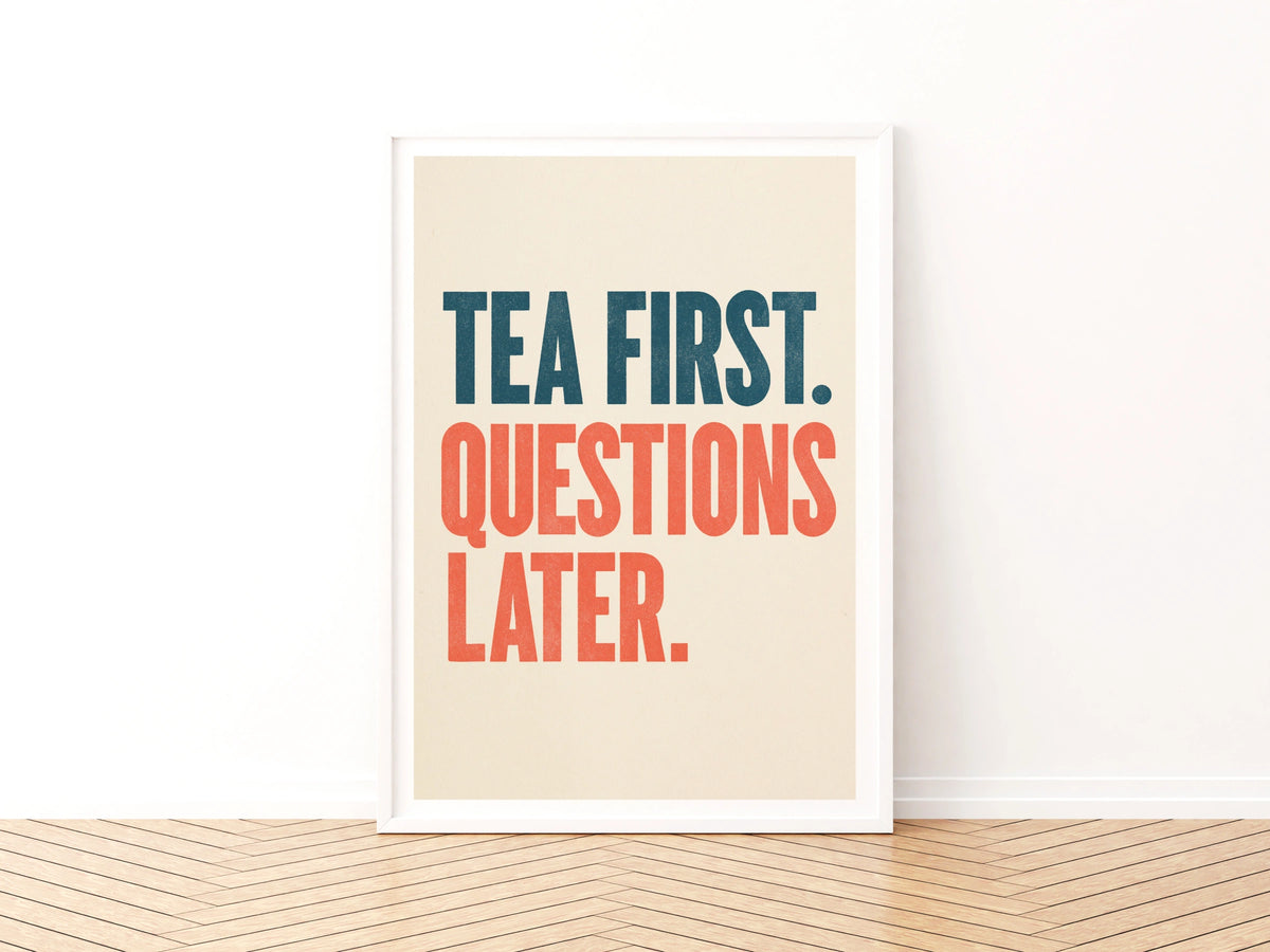 Tea First Questions Later Print, Vintage Food Poster Print, Rustic Kitchen Decor, Retro Mid Century
