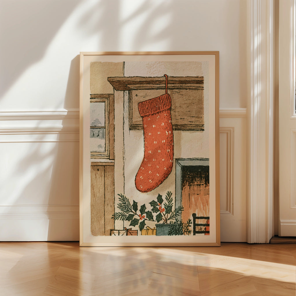 Christmas Stocking Fireplace Print, Classic Festive Wall Art, Vintage Holiday Poster, Cosy Home