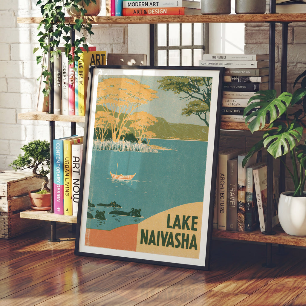Retro Lake Naivasha Kenya Poster, Vintage Travel Wall Art, Hippo Safari Print, African Landscape