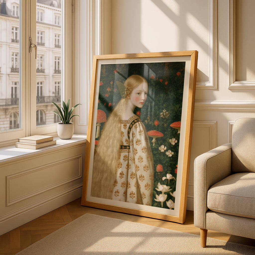 Fairy Girl in Mushroom Forest Print, Pre-Raphaelite Fairytale Art, Cottagecore Woodland Wall Art