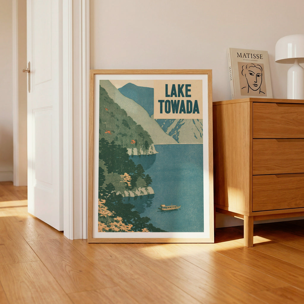 Retro Lake Towada Japan Travel Poster, Vintage Travel Woodblock Style Print, Japanese Wall Art