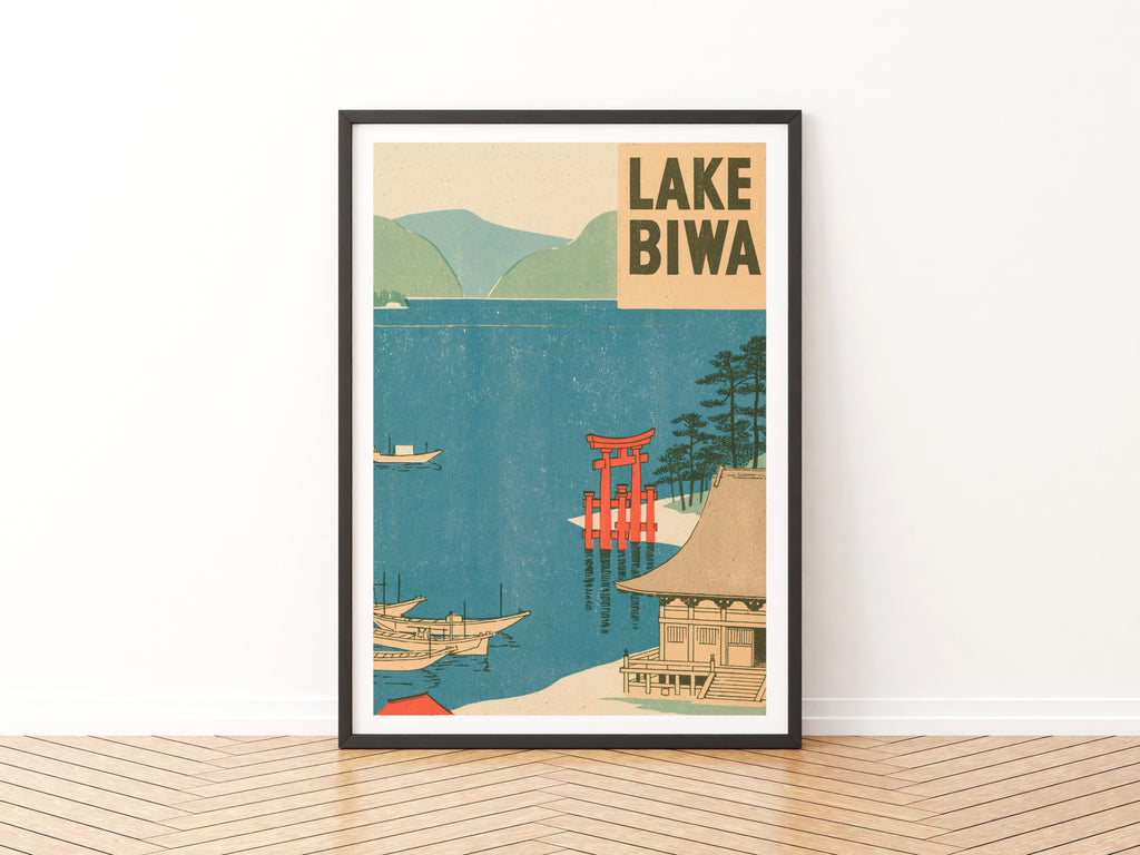 Lake Biwa Japan Retro Travel Poster, Vintage Travel Torii Gate Woodblock Style, Japanese Wall Art