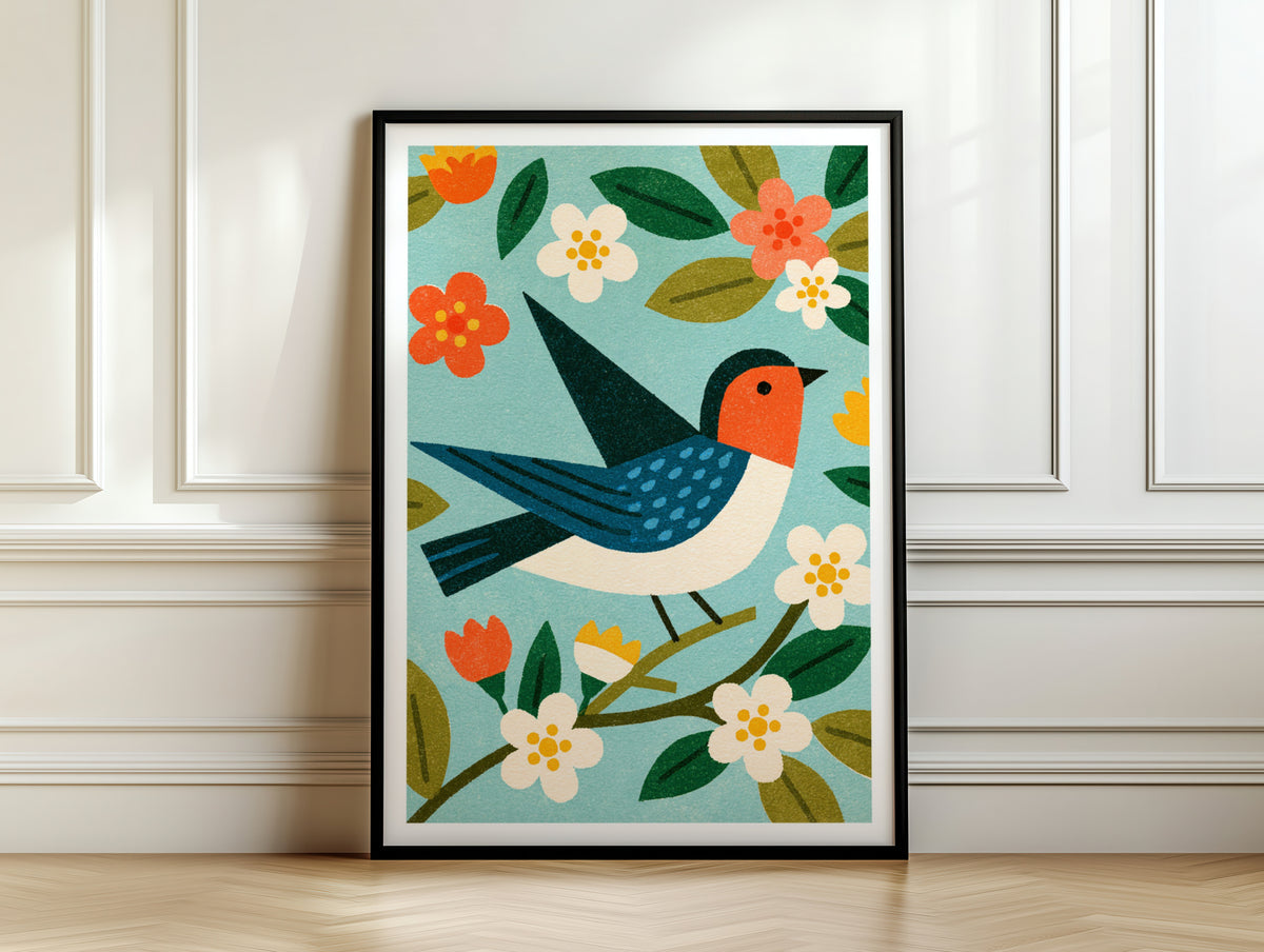 Retro Swallow Bird Print, Vintage Mid Century Floral Poster, Blossom Wall Art, Nursery Nature Decor