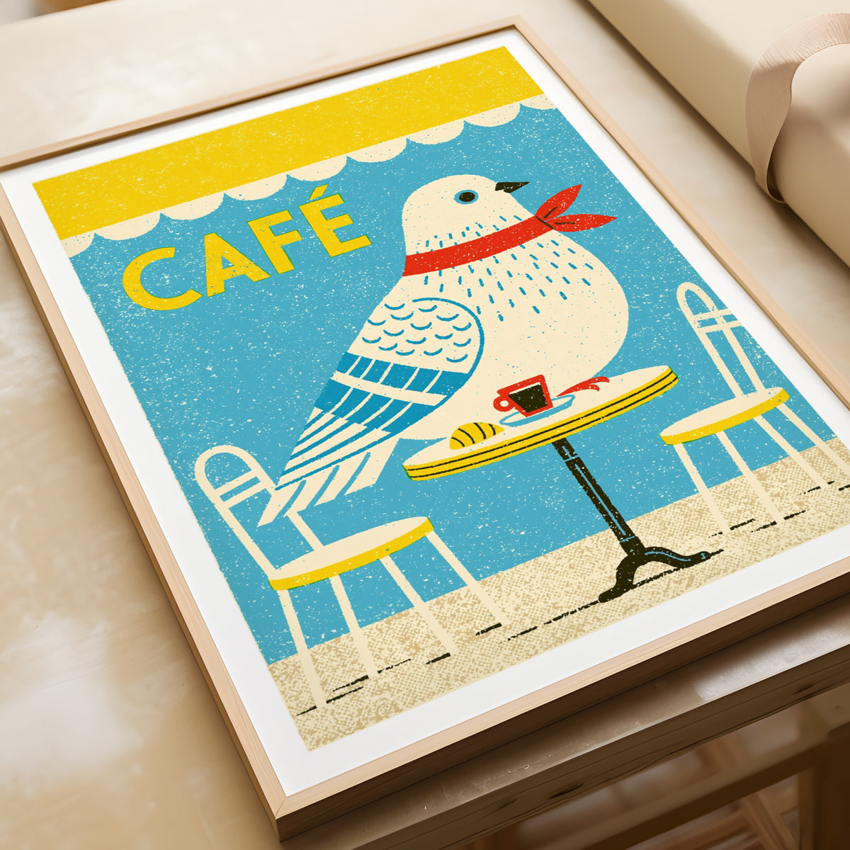 Retro Cafe Bird Art Print, French Pigeon Folk Wall Art, Blue Yellow Kitchen Decor, Vintage Bird