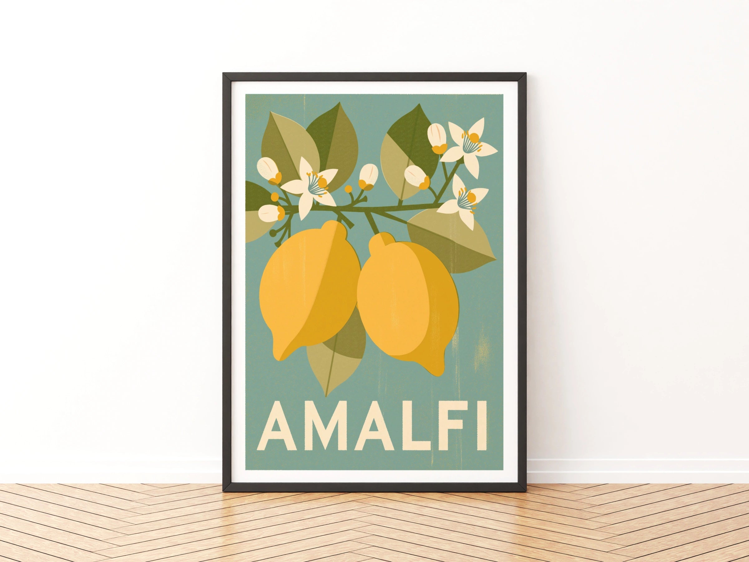 Amalfi Coast Retro Lemon Poster, Italian Travel Print, Teal Yellow Kitchen Wall Art