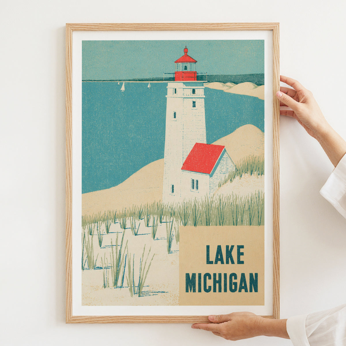 Retro Lake Michigan Lighthouse Poster, Vintage Travel Print, Coastal Wall Art, Sand Dunes Decor