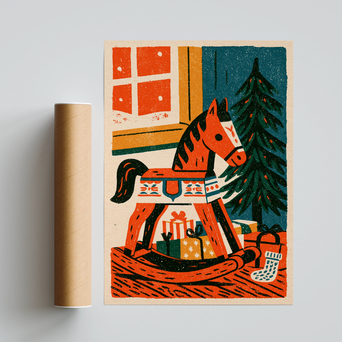 Vintage Rocking Horse Christmas Poster, Retro Festive Wall Art, Teal Orange Holiday Print