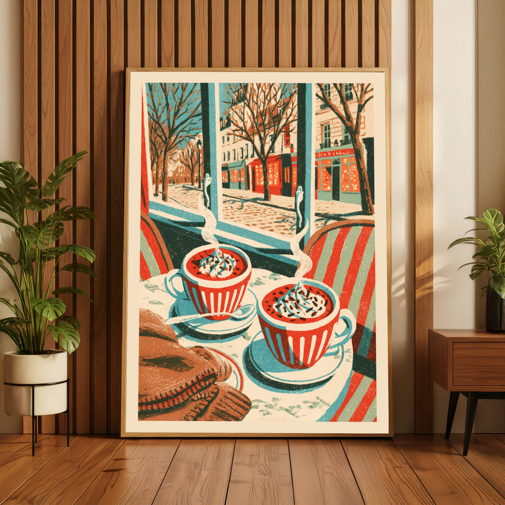 Vintage Food Poster Print Paris Cafe Hot Chocolate, Rustic Kitchen Decor Retro Mid Century Risograph