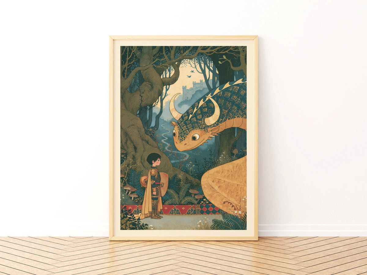 The Boy Knight and Dragon Print, Retro Children's Fantasy Poster, Fairy Tale Kids Wall Art