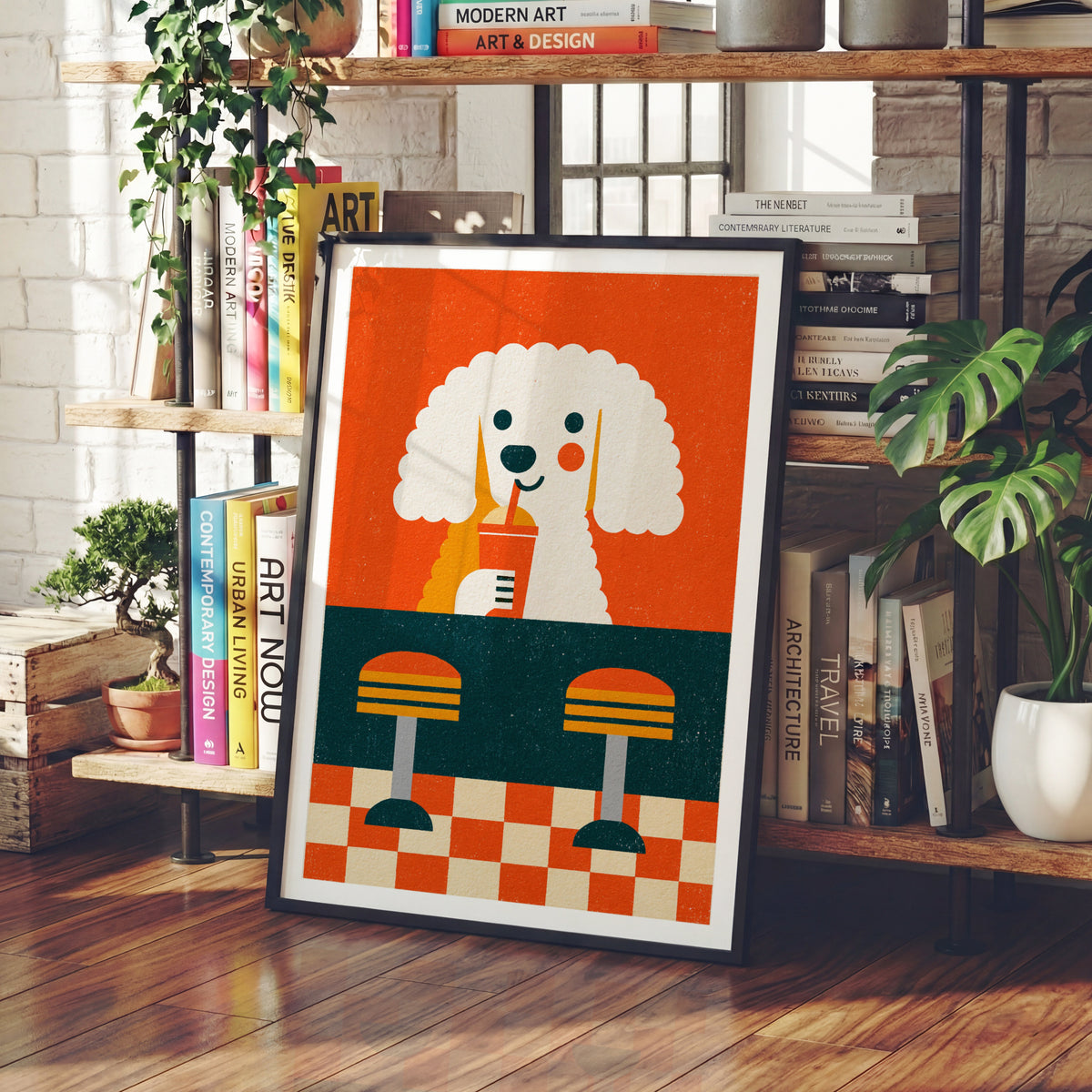 Retro Poodle Diner Poster, Vintage Dog Wall Art, Cute Puppy Print, Orange Retro Kitchen Decor