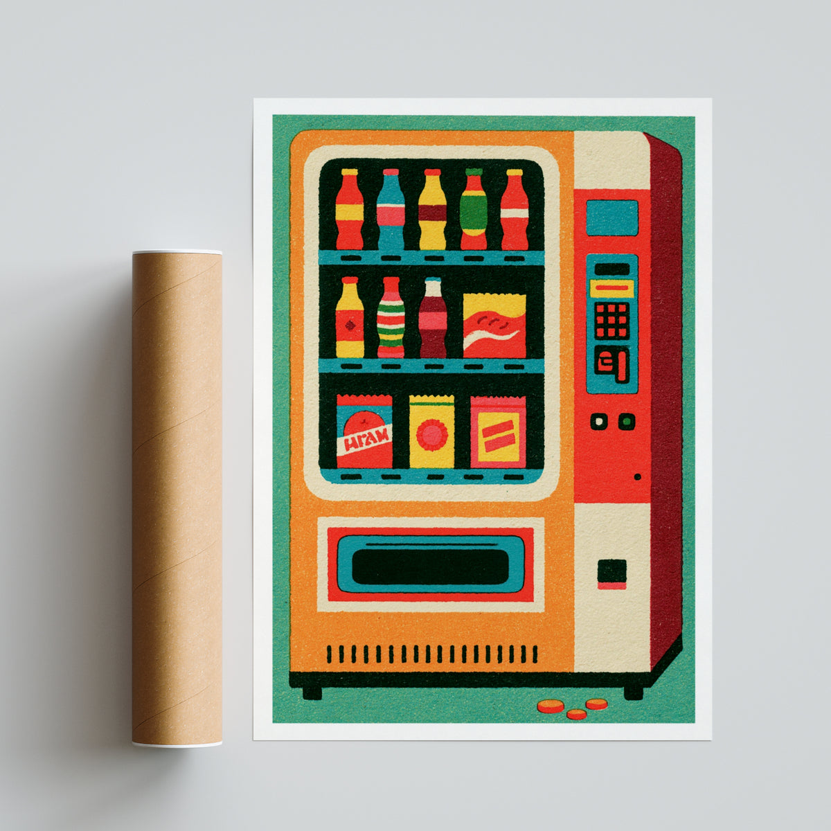 Retro Vending Machine Poster, Vintage Snack Print, Colourful Retro Kitchen Wall Art Decor