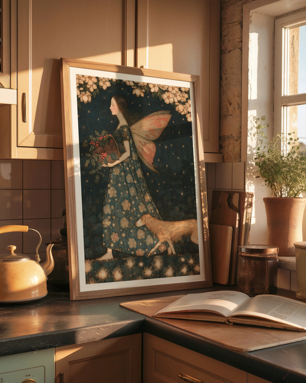 Fairy With Holly Basket Classic Art Print, Vintage Folk Illustration, Winter Botanical Poster
