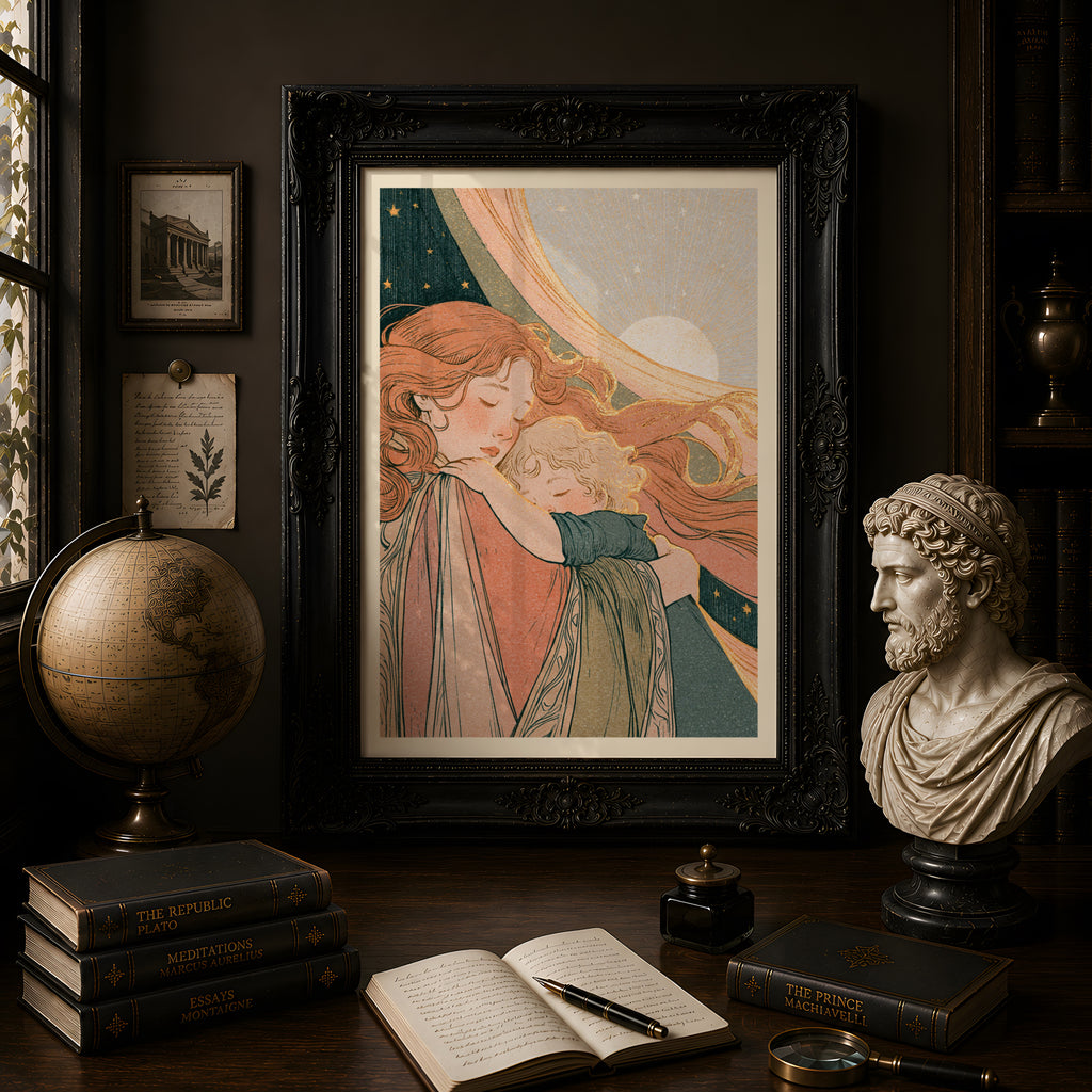 Mother and Child Art Print, Art Nouveau Poster, Celestial Moon and Stars, Nursery Wall Decor
