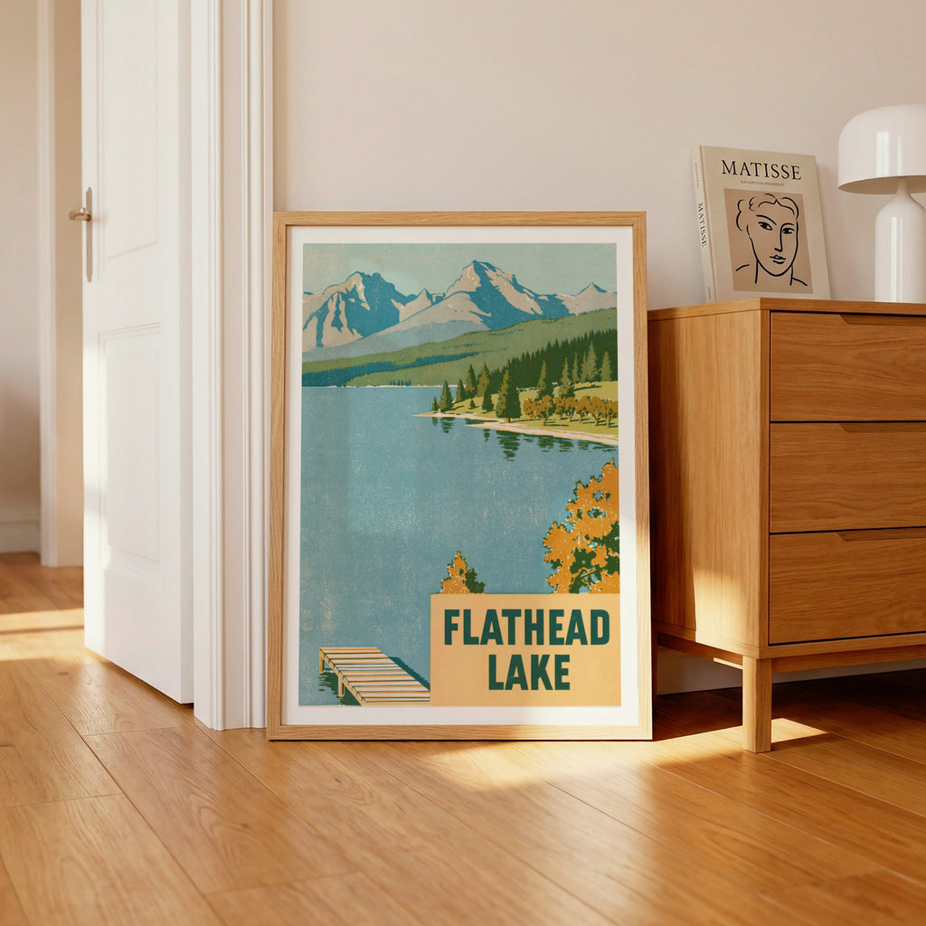 Flathead Lake Montana Retro Poster, Vintage Travel Print, Mountain Lake Wall Art, Cabin Decor