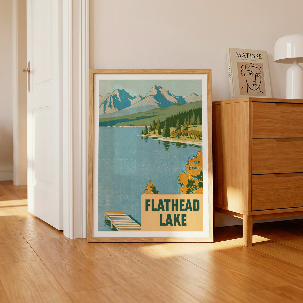 Flathead Lake Montana Retro Poster, Vintage Travel Print, Mountain Lake Wall Art, Cabin Decor