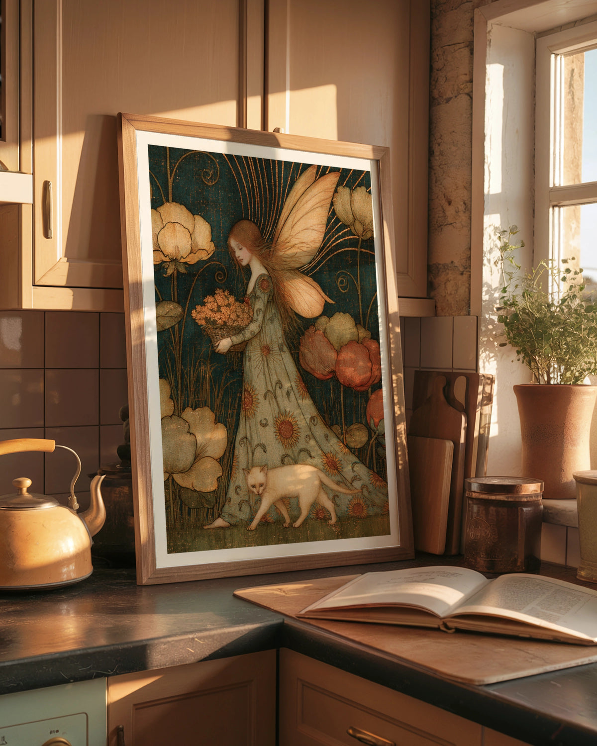 Summer Garden Fairy Art Print, Classic Vintage Fairy Poster, Teal Gold Floral Cat Wall Art