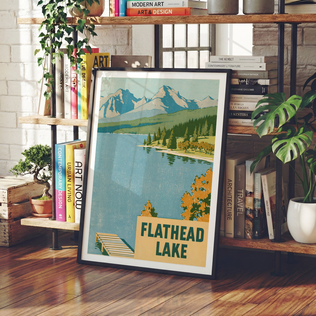 Flathead Lake Montana Retro Poster, Vintage Travel Print, Mountain Lake Wall Art, Cabin Decor
