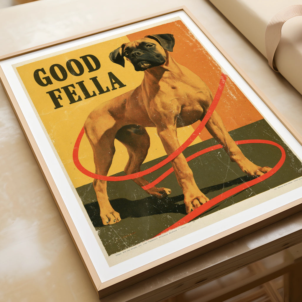 Retro Boxer Dog Poster, Good Fella Vintage Dog Print, Folk Wall Art, Dog Lover Gift