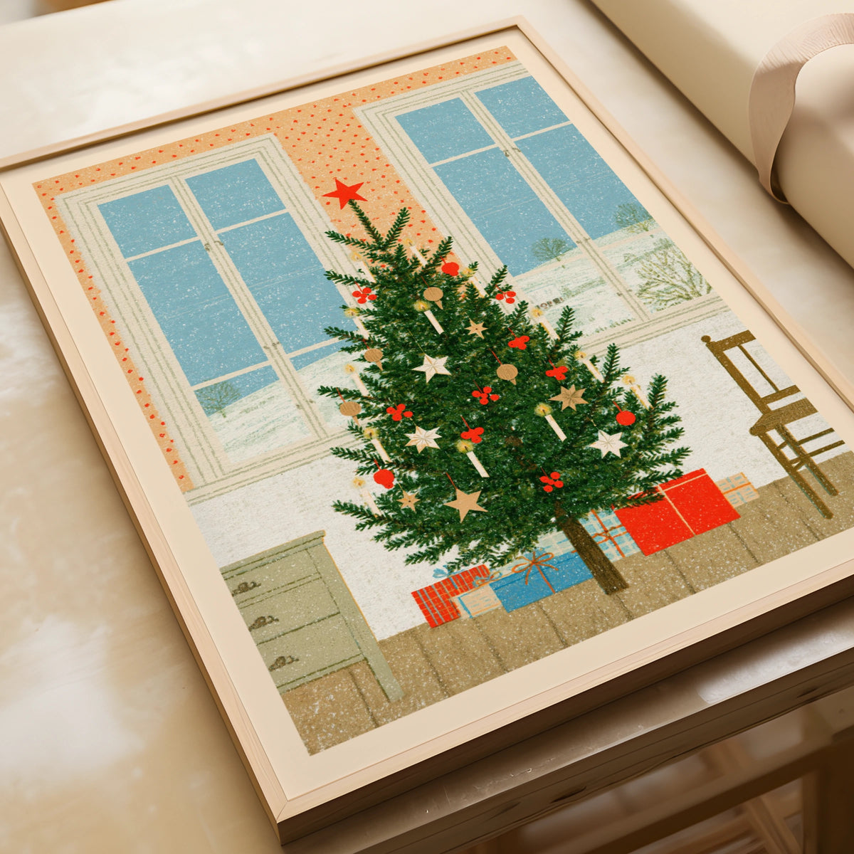 Retro Christmas Tree Poster, Vintage Festive Wall Art, Scandi Holiday Print, Cosy Xmas Decor