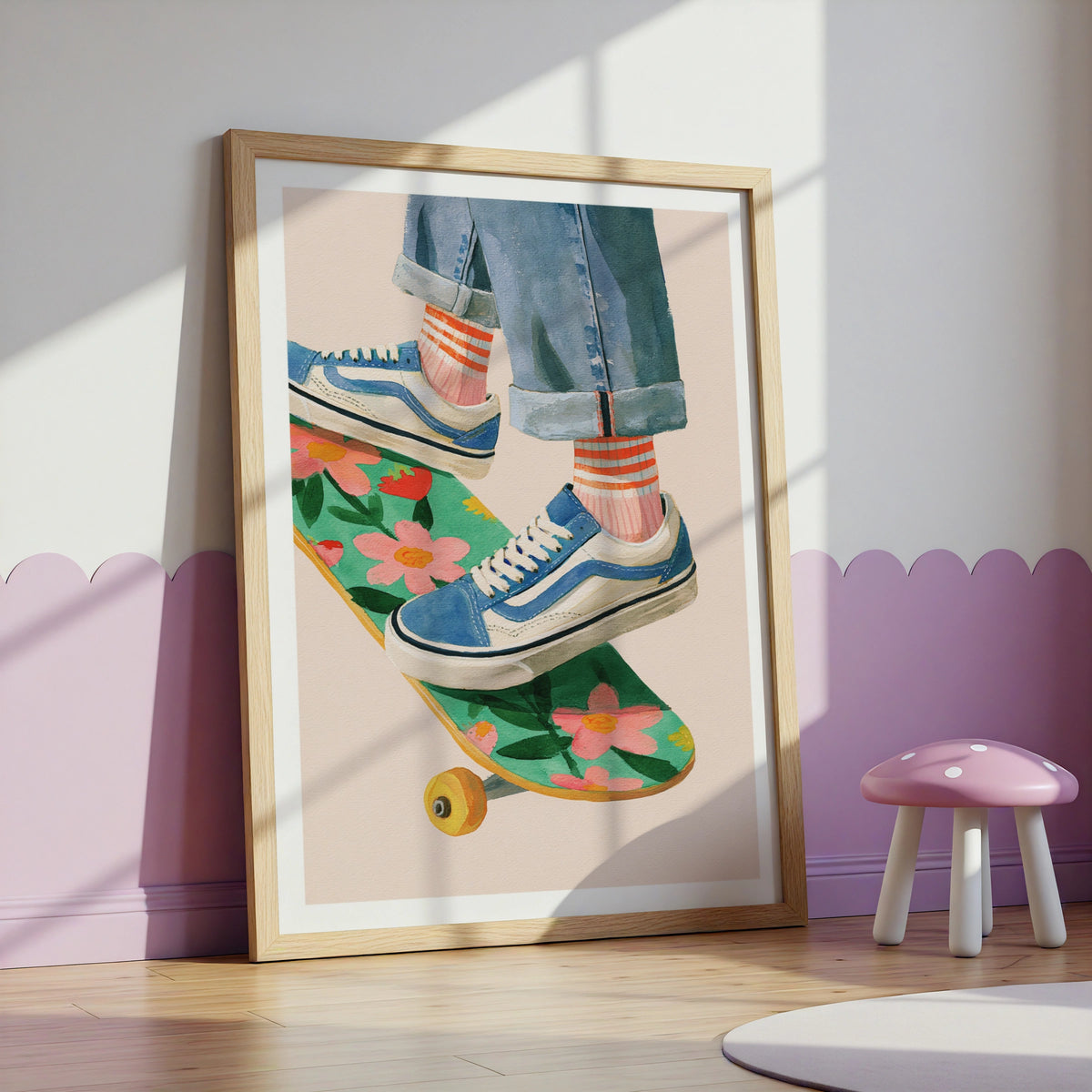 Retro Skater Print, Floral Skateboard Poster, Kids Room Wall Art, Colourful Children's Collectable