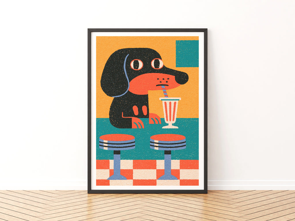 Retro Dachshund Diner Art Print, Sausage Dog Milkshake, Funky Dog Wall Art, 1950s Folk Style