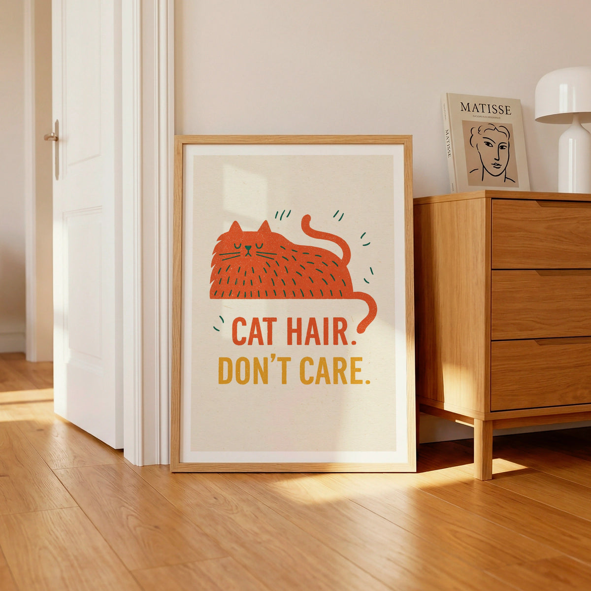 Cat Hair Don't Care Print, Funny Retro Cat Wall Art, Folk Style Ginger Cat Gift