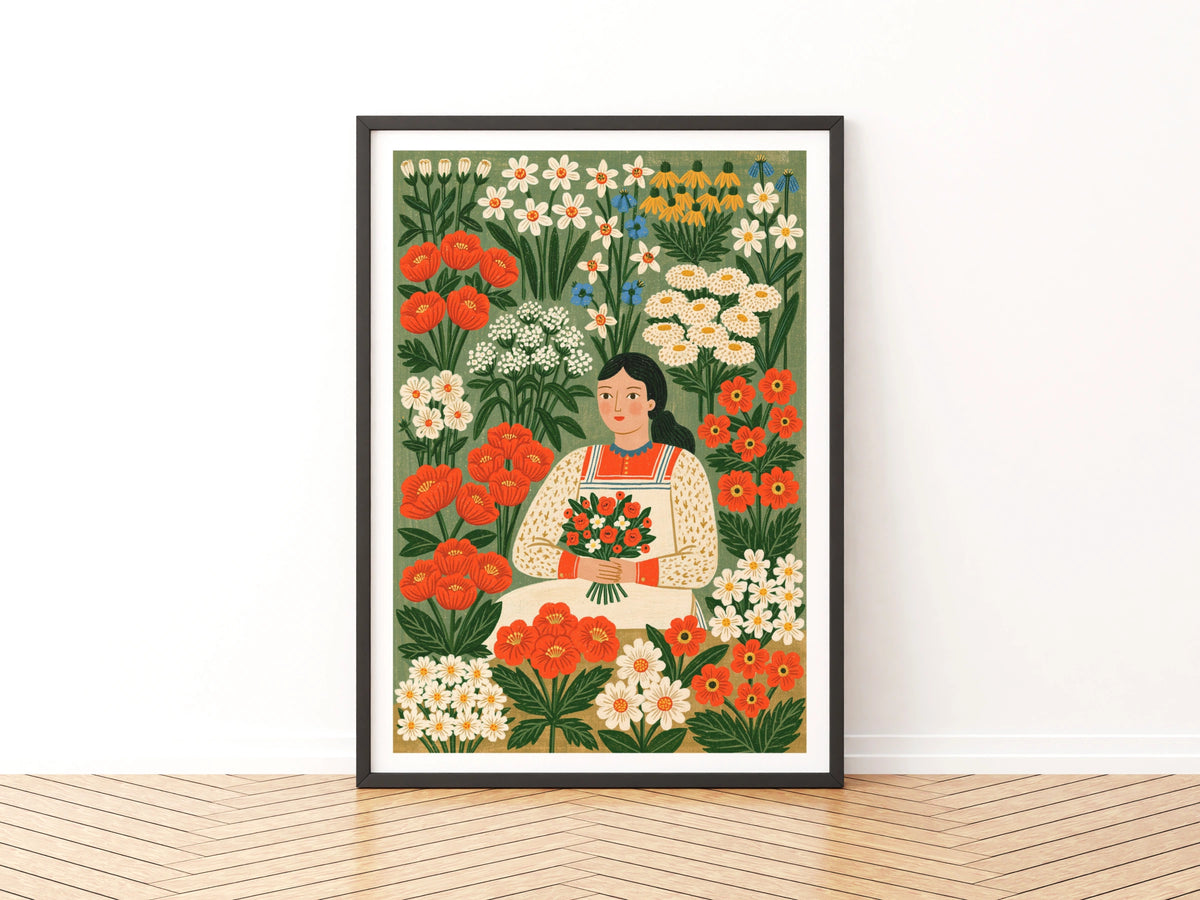 Vintage Flower Girl Poster, Folk Art Floral Print, Botanical Garden Wall Art, Cottagecore Decor
