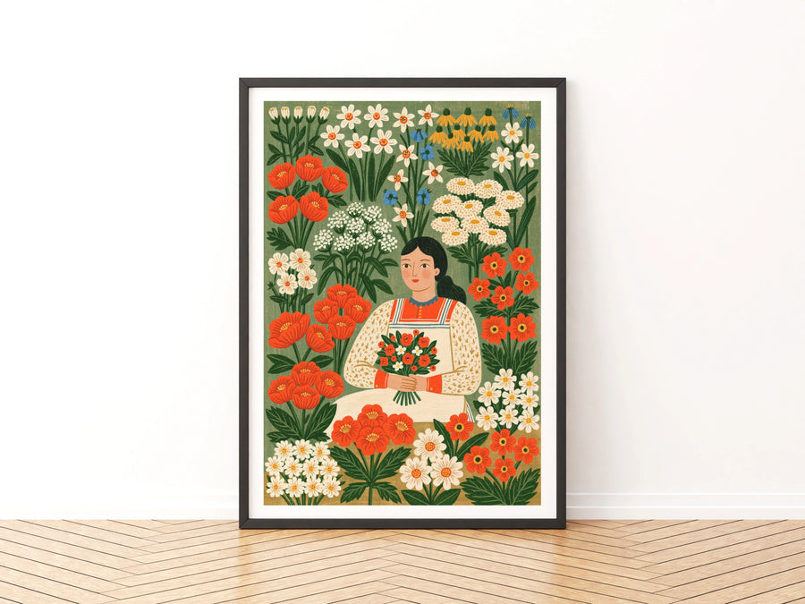 Vintage Flower Girl Poster, Folk Art Floral Print, Botanical Garden Wall Art, Cottagecore Decor