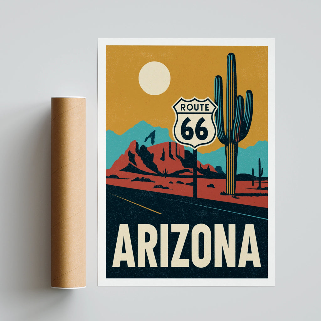 Arizona Route 66 Retro Travel Poster, USA Desert Wall Art, Cactus Road Trip Print