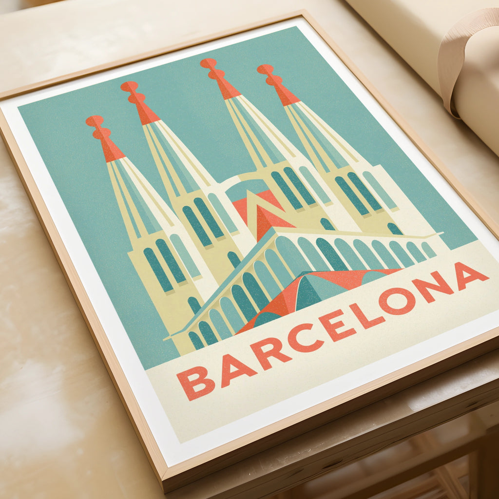 Barcelona Retro Travel Poster, Sagrada Familia Spain Wall Art Print, Teal