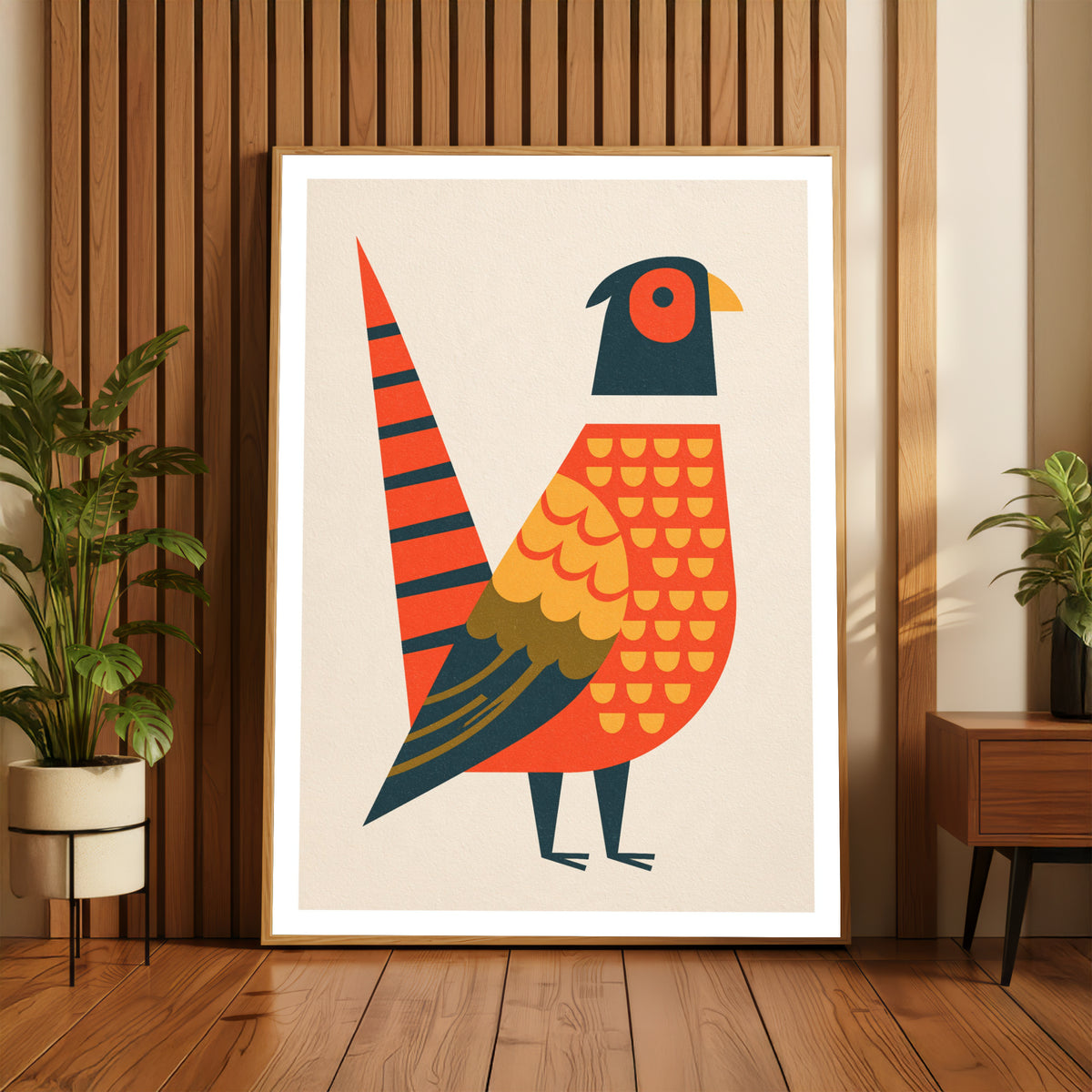 Retro Pheasant Print, Mid Century Bird Poster, Geometric Animal Wall Art, Orange Folk Style Decor